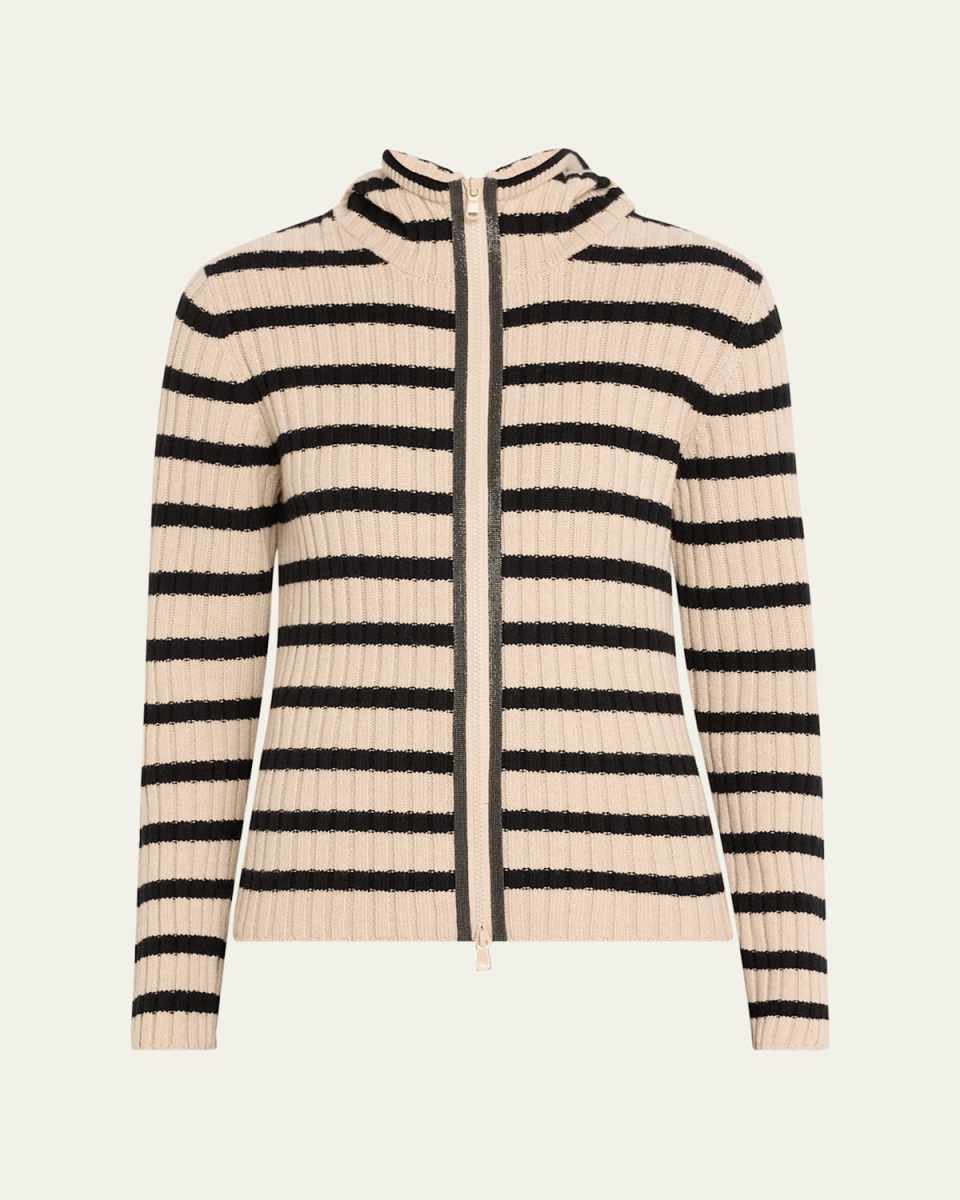 Cashmere Striped Zip-Up Cardigan